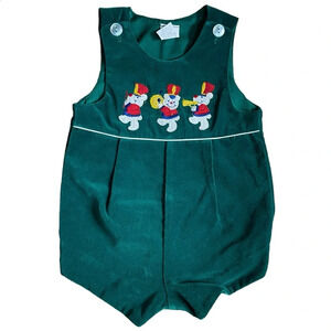 Vintage 1980s Baby Togs Green Velour Bubble Romper Bear Embroidery 3-6 Months